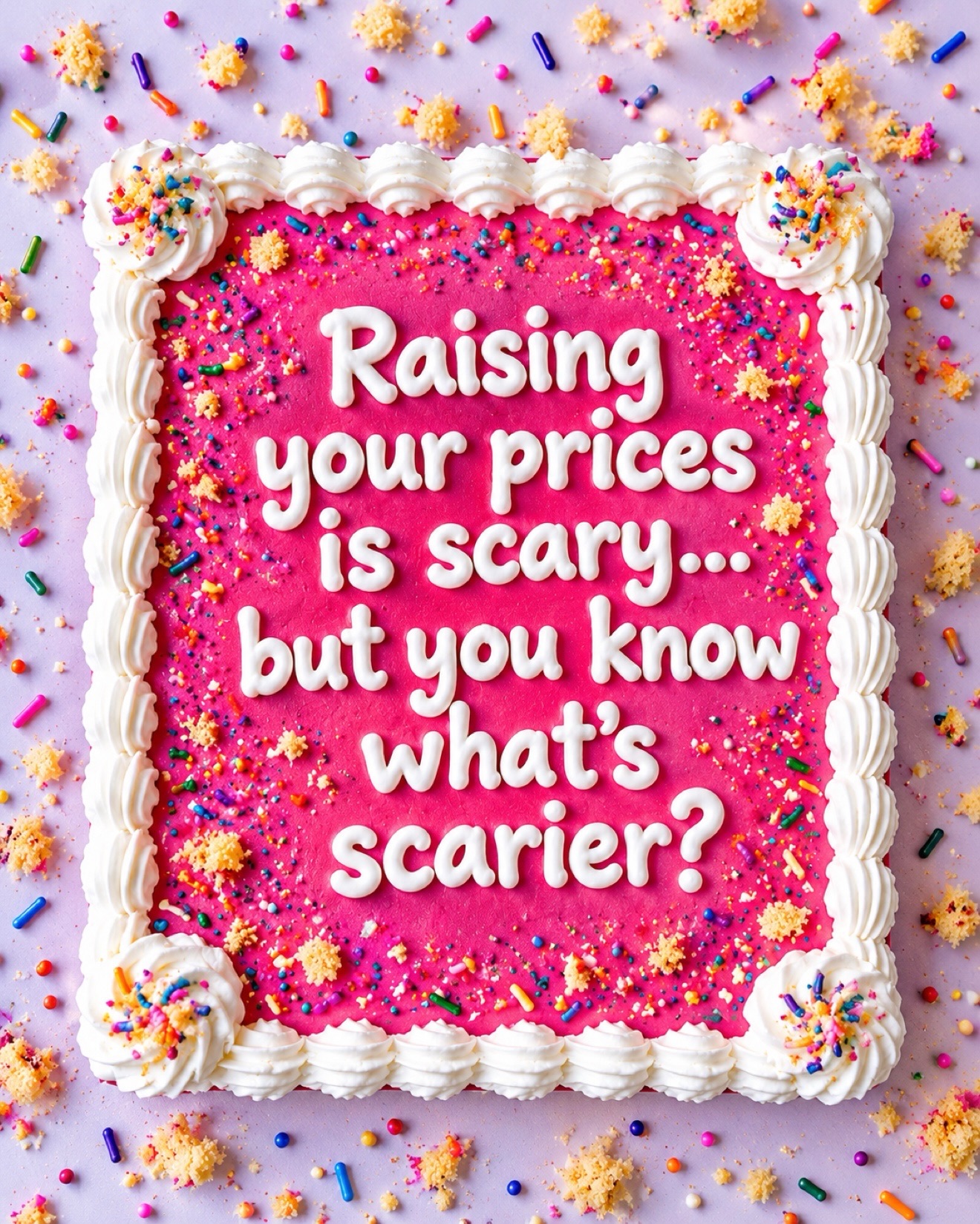 Hot pink cake-frame card: Raising your prices is scary, but you know what's scarier?