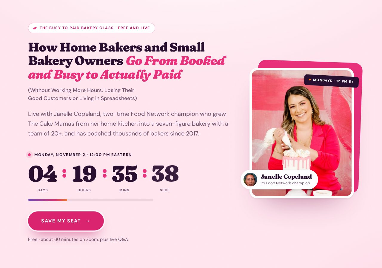 The Busy to Paid Bakery Class registration page preview